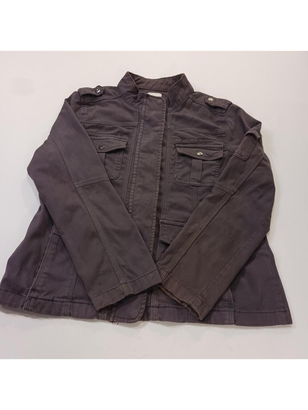 Kensie Jeans ENG00744X Women's L Brown Denim Snap Zip Distressed Utility Jacket